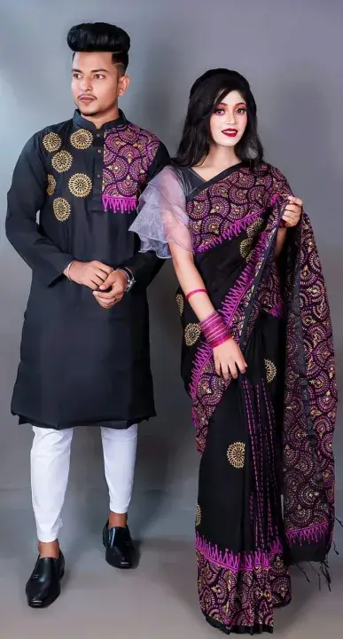Stylish Matching Couple Dress Combo – Saree & Panjabi for Men & Women