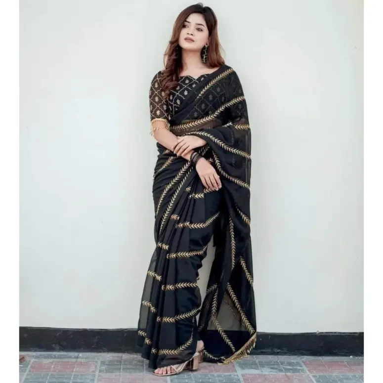 Black Georgette Embroidery Saree with Matching Blouse - 2