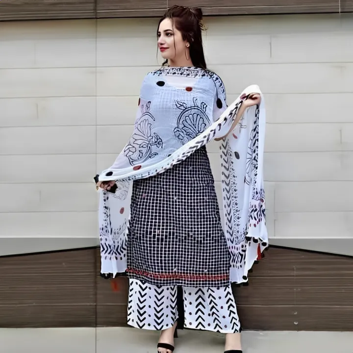 High-Quality Cotton Block Print Unstitched Three Piece Dress for Women