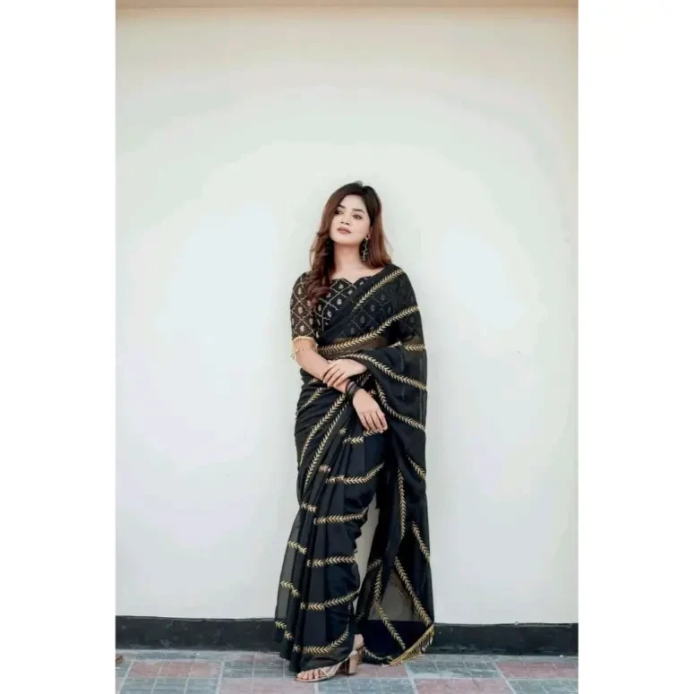 Black Georgette Embroidery Saree with Matching Blouse - 3
