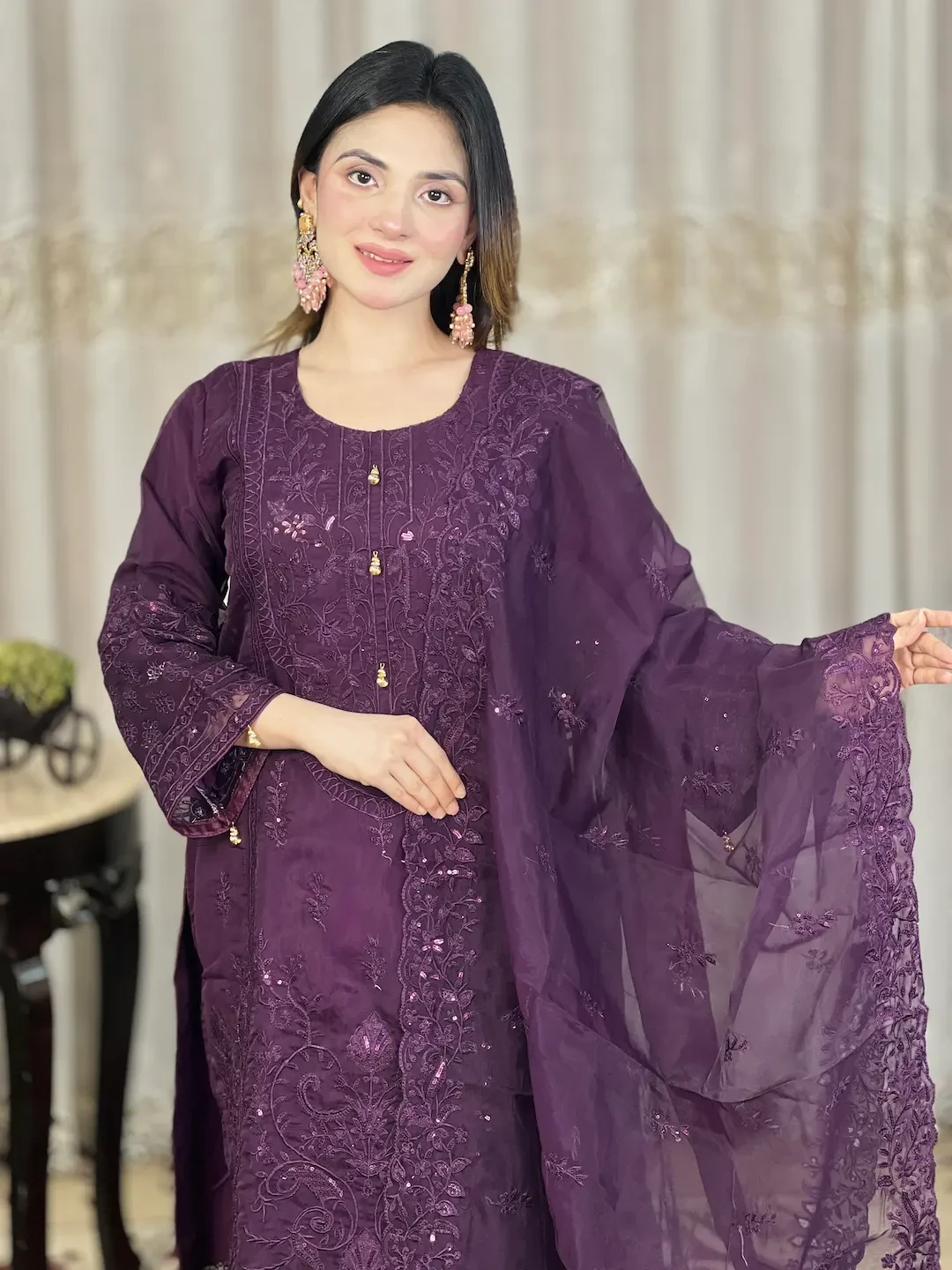 Luxury Embroidered Three Piece Dress for Women – Deep Plum Elegant Design