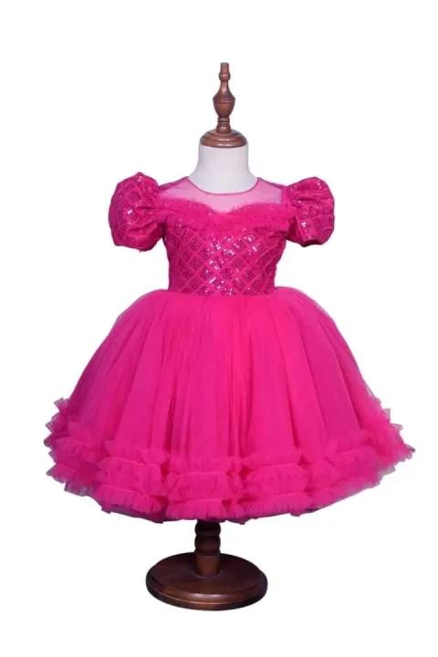 Blue Fluffy Party Frock with Puff Sleeves for Baby Girls - Fuchsia-3-6Months