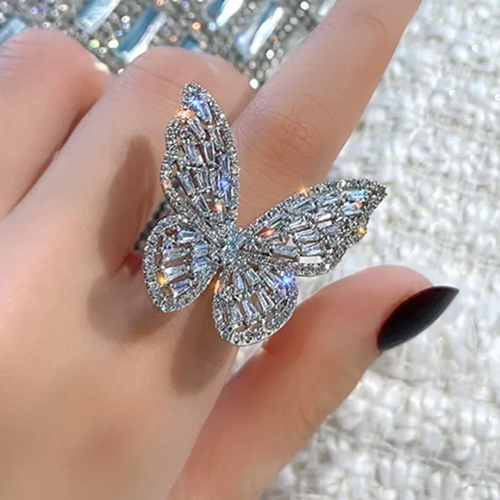 Hollow Rhinestone Butterfly Adjustable Ring for Women & Girls - Elegant Silver Jewelry
