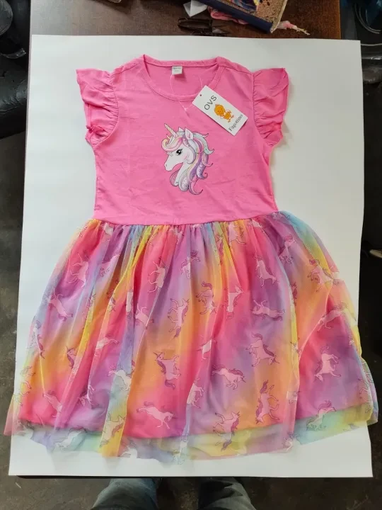 Unicorn Print Overall Dress & Colorful Stripe Shirt for Girls - 3