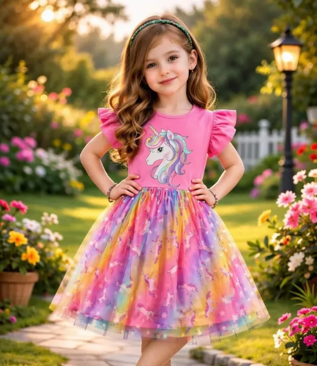 Unicorn Print Overall Dress & Colorful Stripe Shirt for Girls online in BD