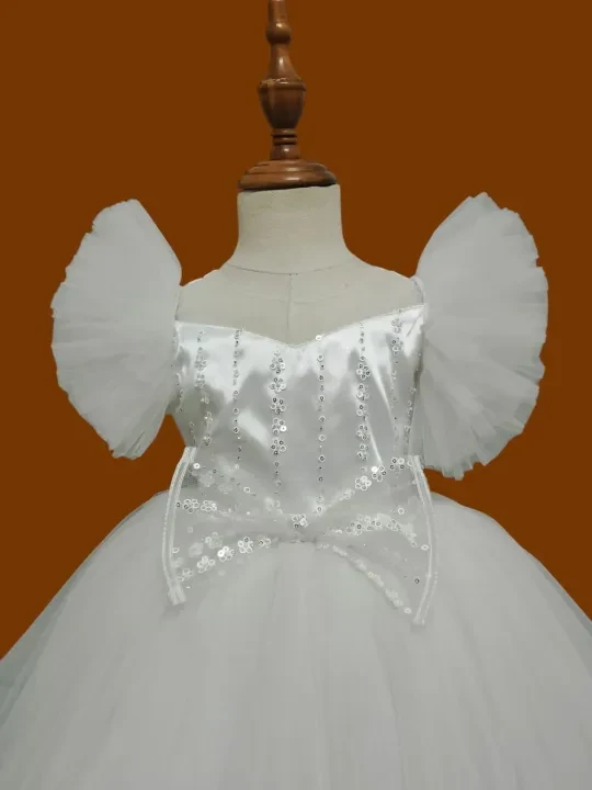 Blue Fluffy Party Frock with Puff Sleeves for Baby Girls - White-3-6Months
