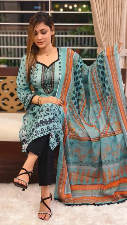 Multicolor Unstitched Cotton Screen Printed Three Piece Dress for Women