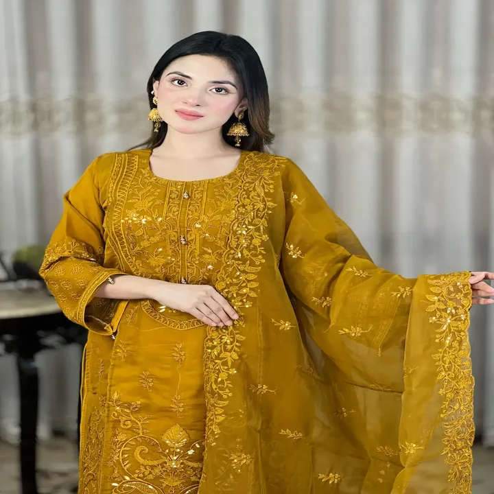 Luxury Embroidered Three Piece Dress for Women – Mustard Gold Elegant Design