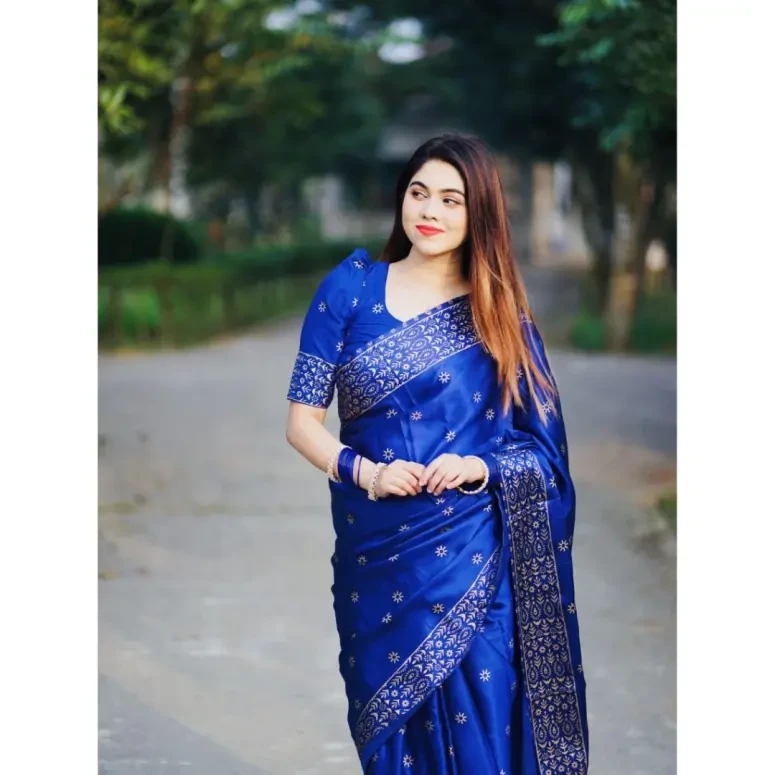 Designer Screen Print Japani Silk Saree with Blouse - Blue-OneSize