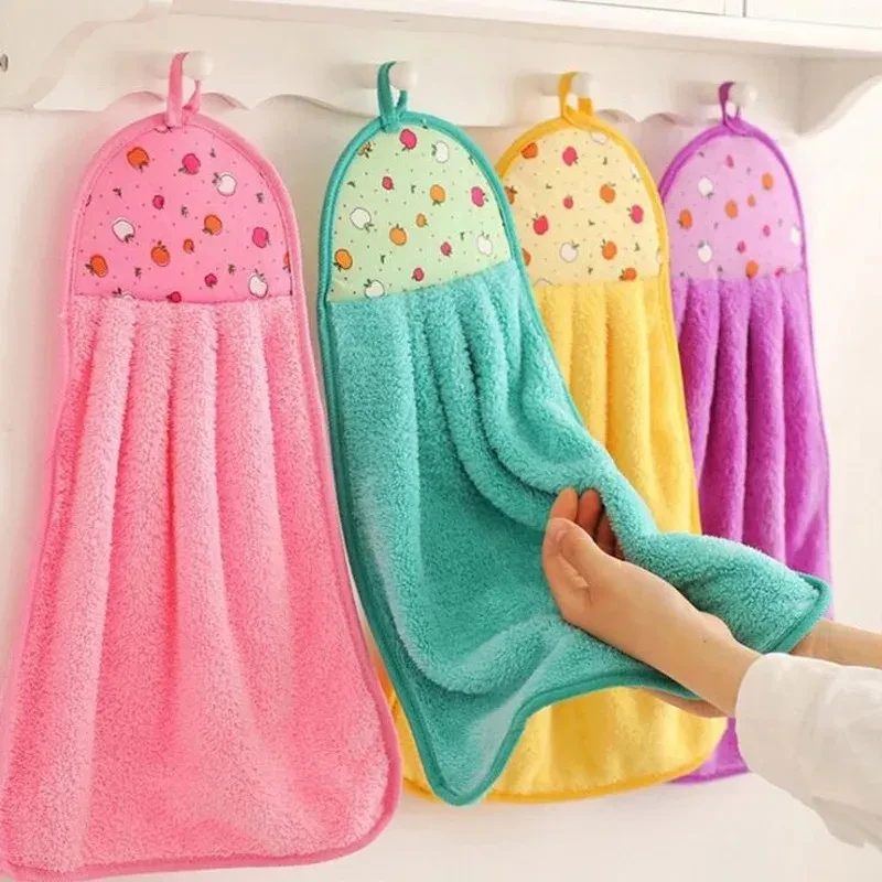 Printed Coral Fleece Microfiber Hanging Hand Towel – Cute Kids Quick Dry Thick Cleaning Cloth for Kitchen & Bathroom (38×30cm)