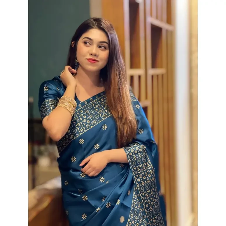 Designer Screen Print Japani Silk Saree with Blouse - DarkSeaGreen-OneSize
