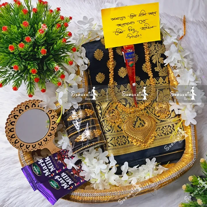 Tangail Katan Saree Ultimate Gift Combo Set with Jewellery & Chocolate