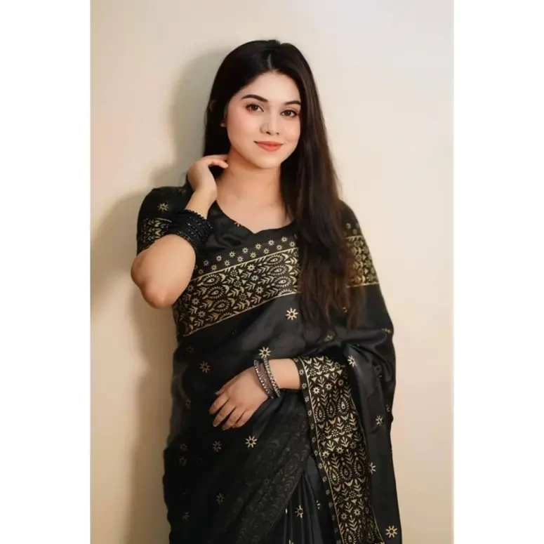 Designer Screen Print Japani Silk Saree with Blouse - Black-OneSize