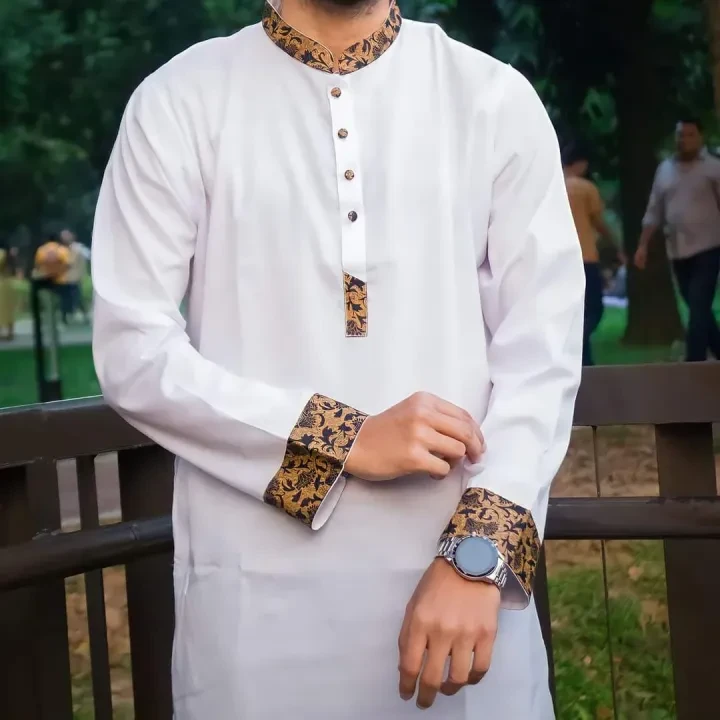 White Contrast Panjabi – Soft Cotton, Trendy Look