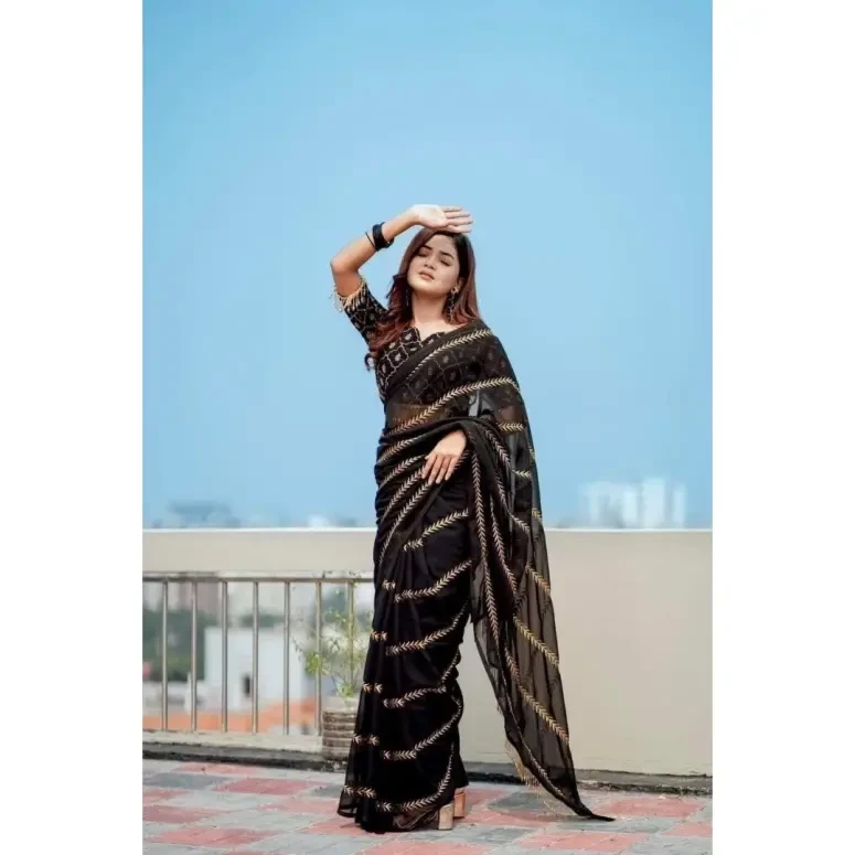 Black Georgette Embroidery Saree with Matching Blouse - 1