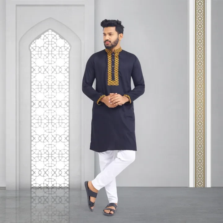 Stylish Geometric Embroidered Panjabi for Men – Premium Cotton Designer Panjabi