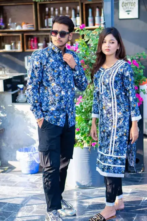 Ready-Made Slab Cotton Viral Couple Set – Traditional Matching Salwar Kameez & Full Sleeve Shirt (2 Pcs)
