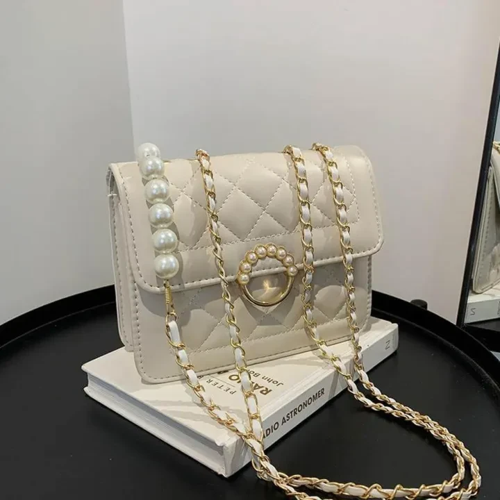 Exclusive Diamond Lattice Chain Pearl Shoulder Bag for Women & Girls - Multicolor