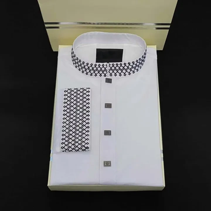 White Punjabi with Chest Contrast | Soft Cotton, New Design for Men