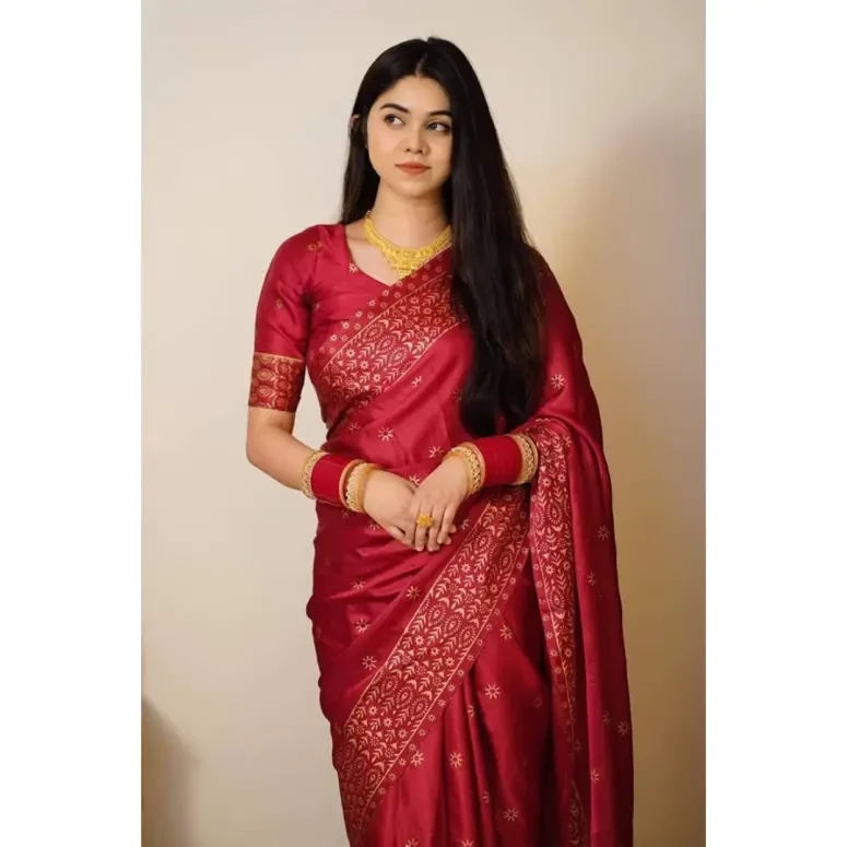 Designer Screen Print Japani Silk Saree with Blouse - Maroon-OneSize