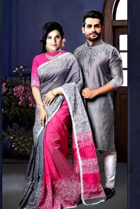 Hand Print Couple Dress Combo – Saree & Panjabi Set for Men & Women