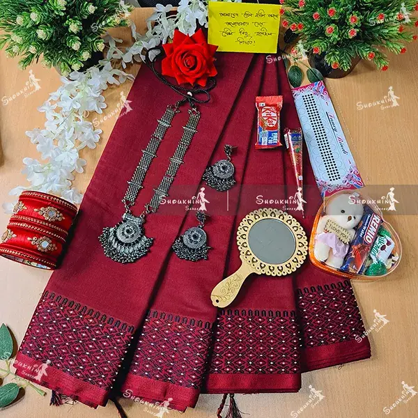 Tangail Saree Combo Set for Women – Sari, Churi, Necklace & More Gift Kit