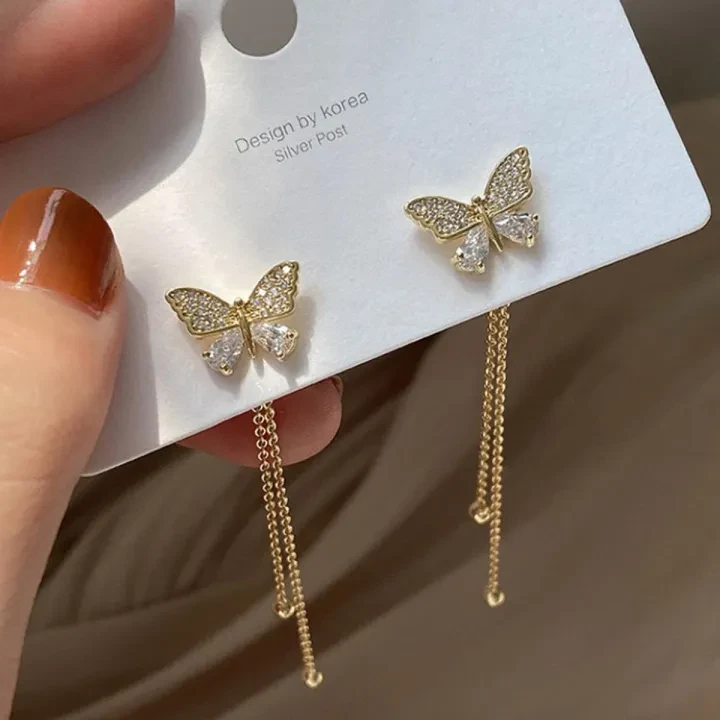 Butterfly & Moon Star Tassel Earrings – Trendy Pearl Dangle for Women