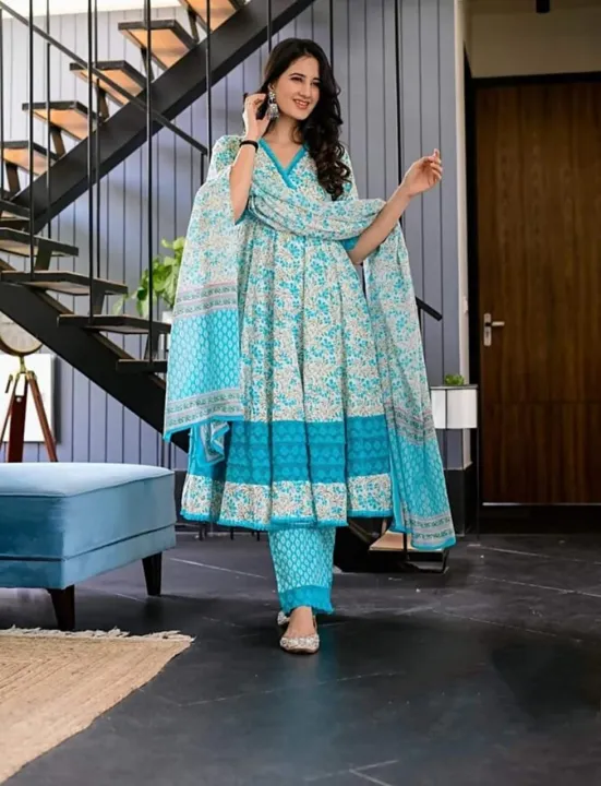 Linen Ready-Made Gown Long Salwar Kameez with Orna – Elegant 3-Piece Dress for Women & Girls