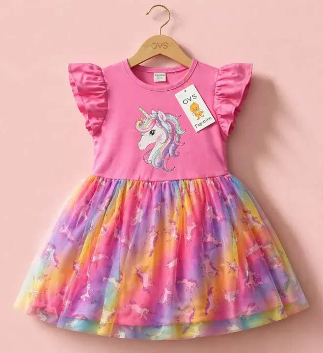 Unicorn Print Overall Dress & Colorful Stripe Shirt for Girls - 2