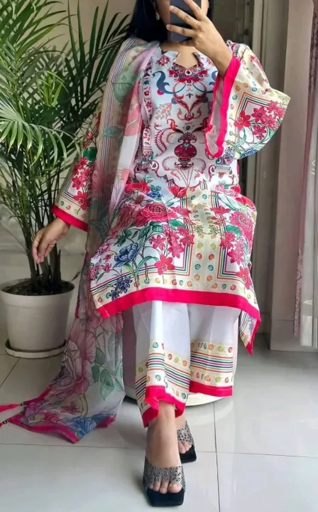 Exclusive Stylish Three-Piece Digital Print Japani Silk for Women